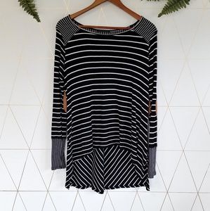 staccato striped hi-lo shirt with elbow patches